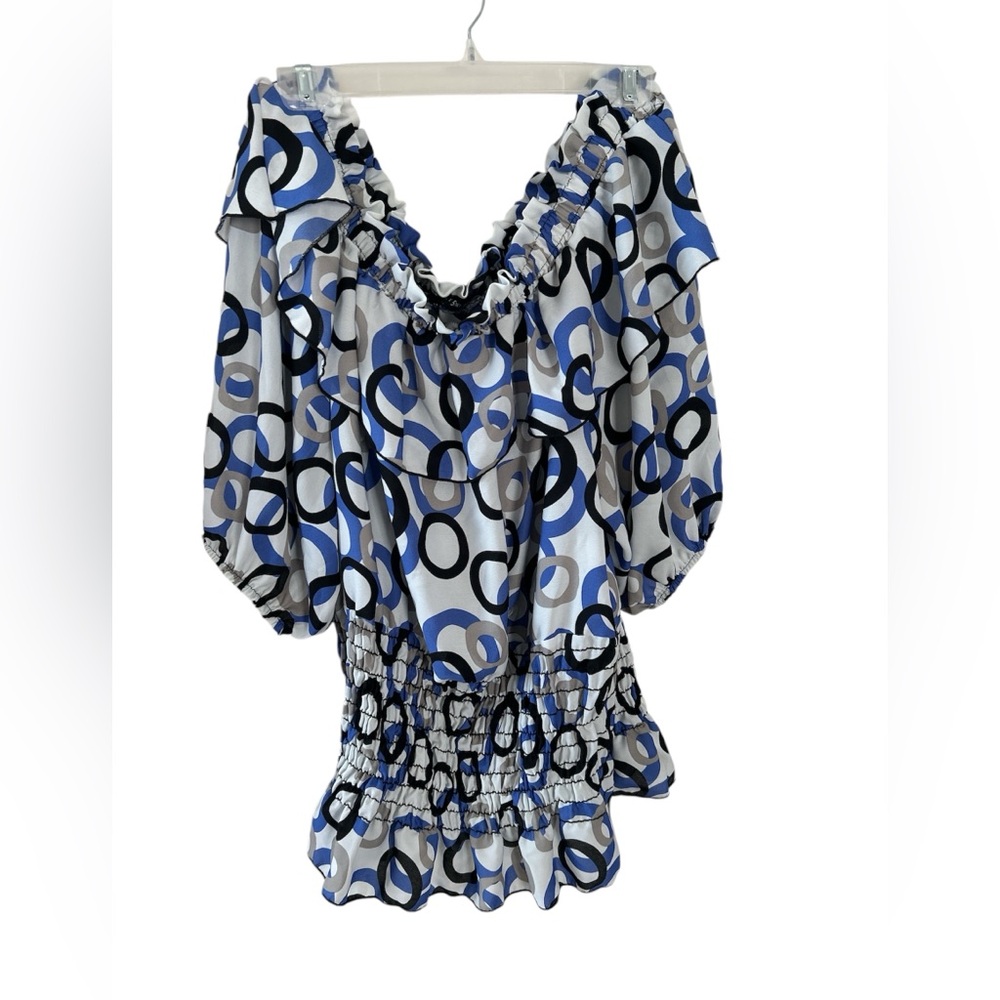 Blue, gray and white off the shoulders blouse